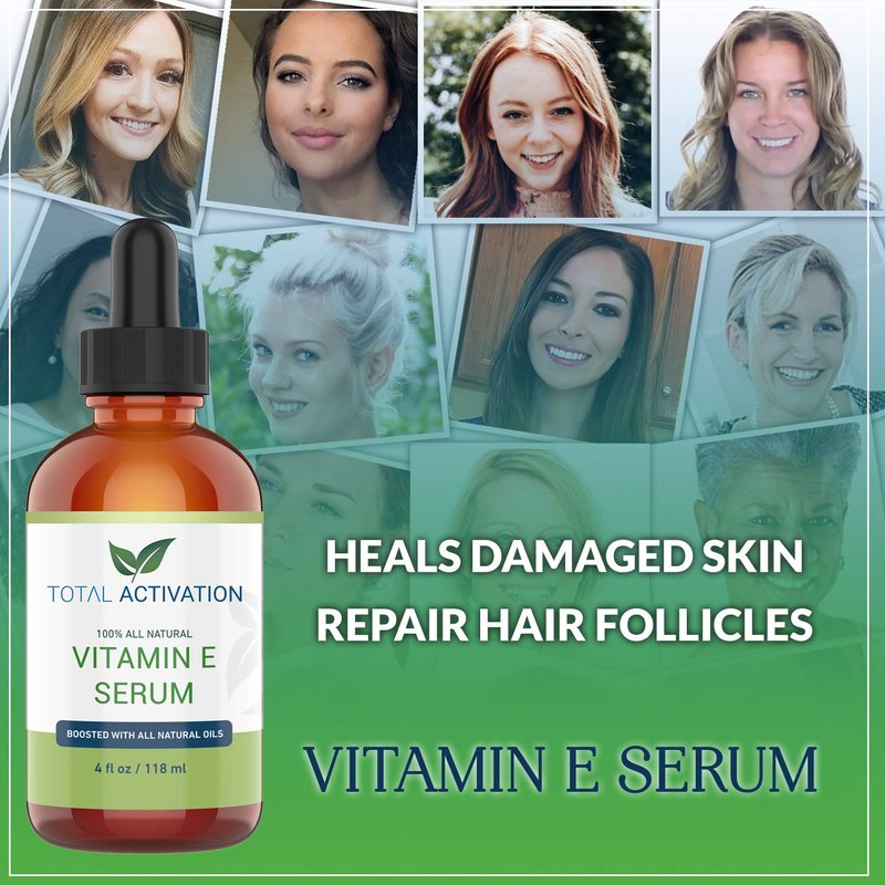 Total Activation Vitamin E Face Serum – Organic Vitamin E Oil 100% Pure, Cold Pressed for Skin, Face, Hair & Nails – Moisturizer for Dry Skin, Scars & Anti-Aging – for Glowing Skin – 4 oz