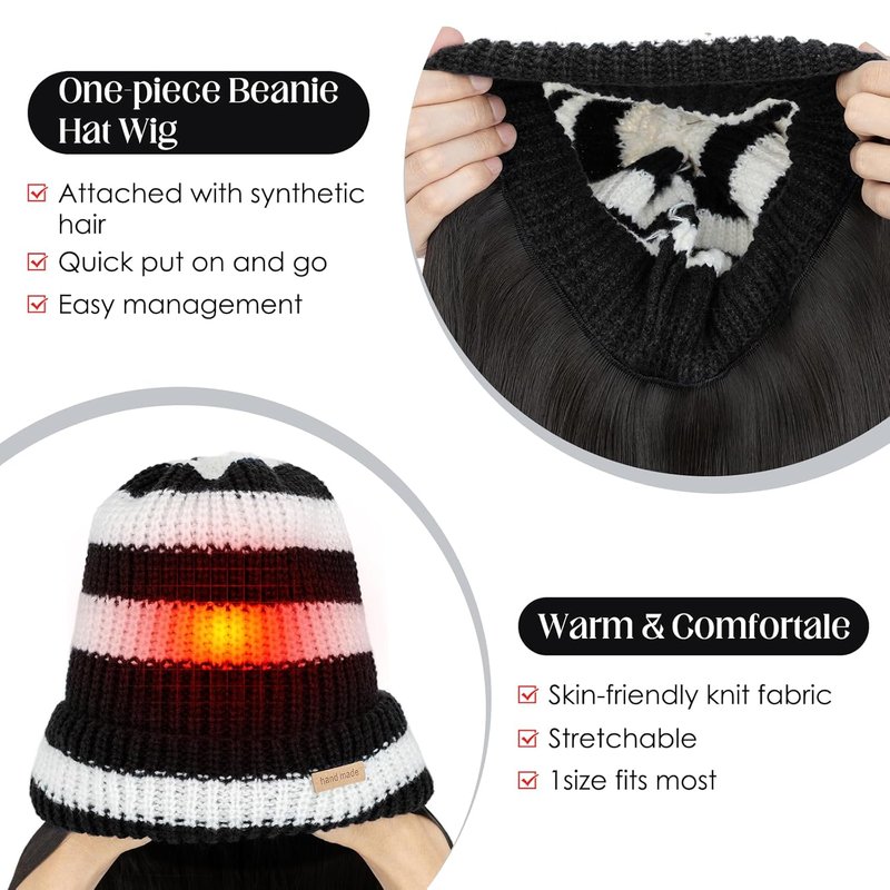 Beanie Wig Hat with Hair for Women - Warm Synthetic Knitted Pom Pom Slouchy Cable Knit | Medium Brown 11” 200g