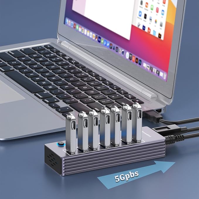 Tccmebius Powered 7-Port USB 3.0 Hub, USB C to 7 Ports USB Data Hub Splitter with Individual LED On/Off Switche, 3.3FT Cable, 12V/3A Power Adapter, for Laptop MacBook Pro/Air PC (Aluminum Gary)