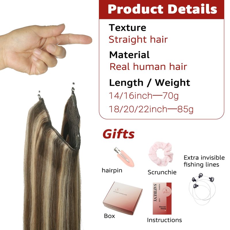 SAFIRENY Wire Hair Extensions Fish Line Hair Extensions Ash Brown to Platinum Blonde Extensions, Invisible Hair Extensions Real Human Hair 14inch 70g Adjustable Size Hair Extensions(#8T/60-14inch)