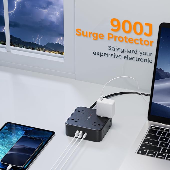 TESSAN Surge Protector Power Strip, 10 Ft Flat Plug Extension Cord with 3 USB (1 USB C) 8 Outlets, 1250W, 900J Protection, 3 Sided Outlet Extender with Power Switch for Office, Dorm Room, Black