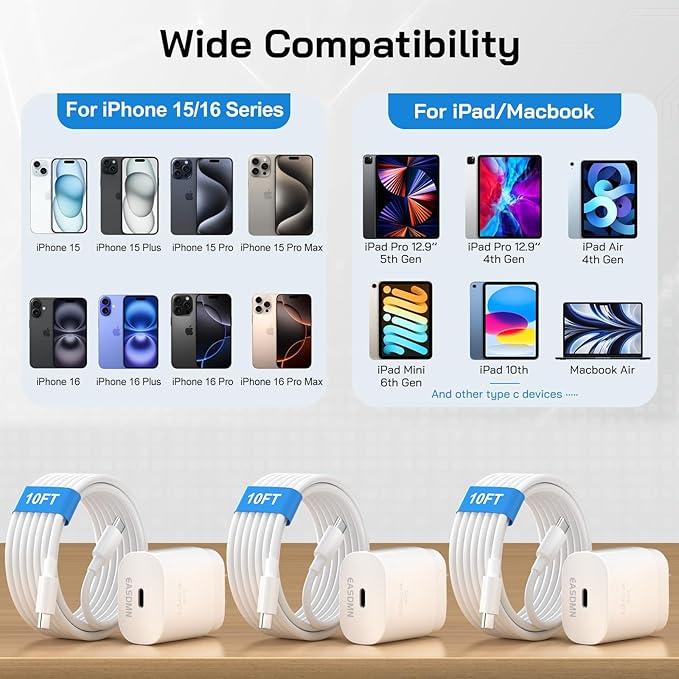 30W USB C i Phone 17 16 15 Charger Fast Charging, 3PACK Wall Charger for iPhone 16 15 Pro Max Charger Cord 10FT Fast Type C Charger Block for iPhone 17 Pro Max/17 Air/16/15 Plus/15 Pro Max, iPad Pro