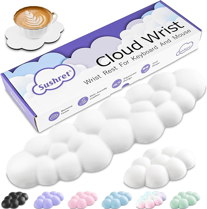 Sushret Cloud Wrist Rest Keyboard, Cloud Keyboard Wrist Pad Set with PU Leather Memory Foam, Cute Arm Rest for Palm Support, PC/Gaming Desk Accessories/Office Setup/Computer Hand Cushion - White