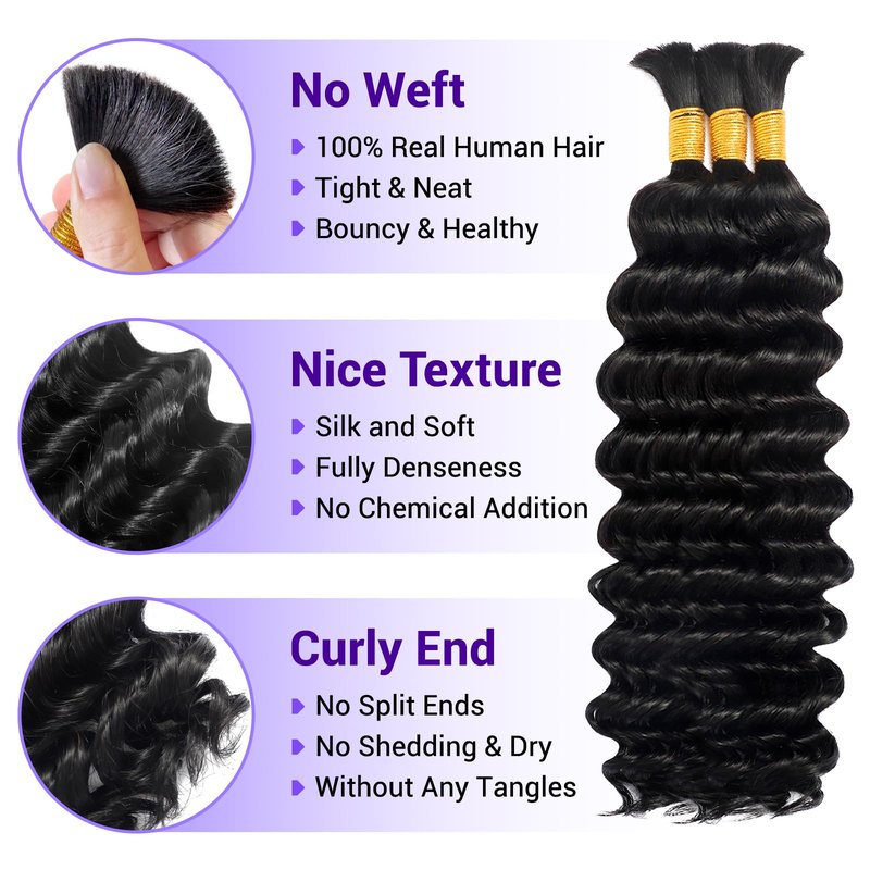 Human Braiding Hair for Boho Braids 110g Deep Wave Boho Bulk Human Hair for Braiding Knotless 12A Wet and Wavy Bohemian 3 No Weft Bundles/Pack Curly Braids Natural Color 14 Inch