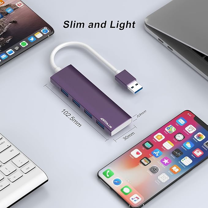 ANYPLUS USB Hub, USB 3.0 Hub Aluminum Alloy Ultra Slim USB Splitter, Portable 4 Port USB Extender, USB Hub for Laptop, PC, MacBook, iMac, Surface Pro, Mac Pro, Flash Drive, XPS 【Purple】