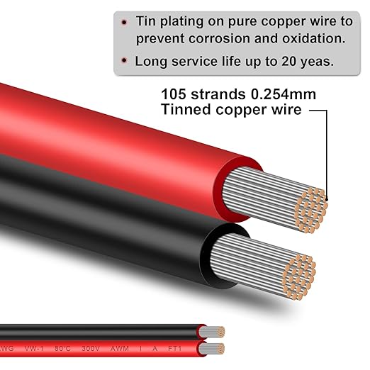 Shirbly 10 Gauge Wire 10FT Tinned Copper Wire - 2 Conductor Parallel Wire Insulated Stranded Wire for Solar Panel Car Audio Automotive, Low Voltage Electrical Wire for LED Lighting (10AWG 10FT)