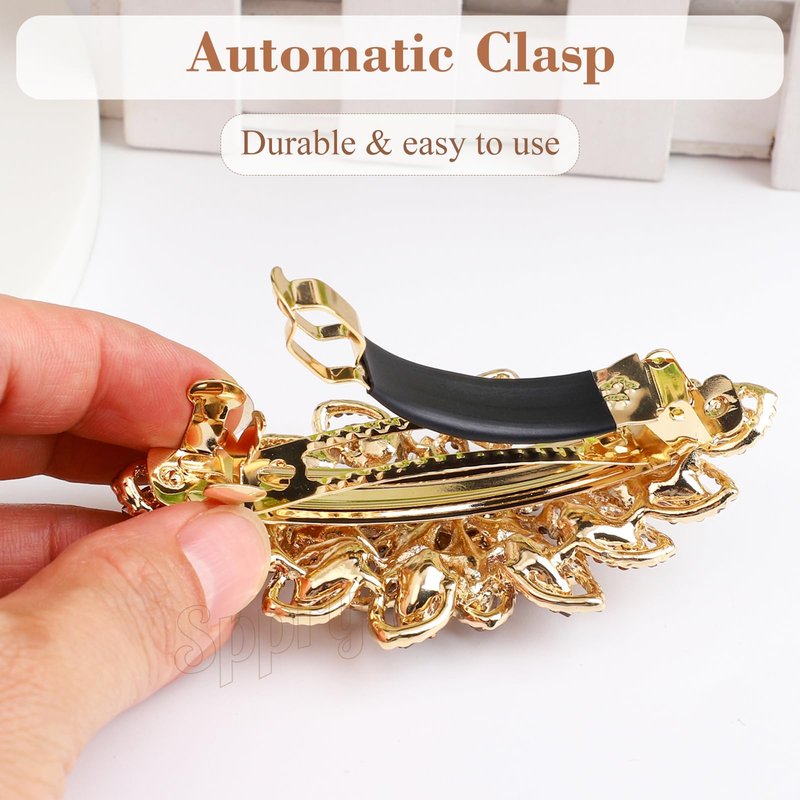 Sppry Luxury Gold-plated Rhinestone Hair Barrette for Women, Large Flower Jewelry Design (Navy)
