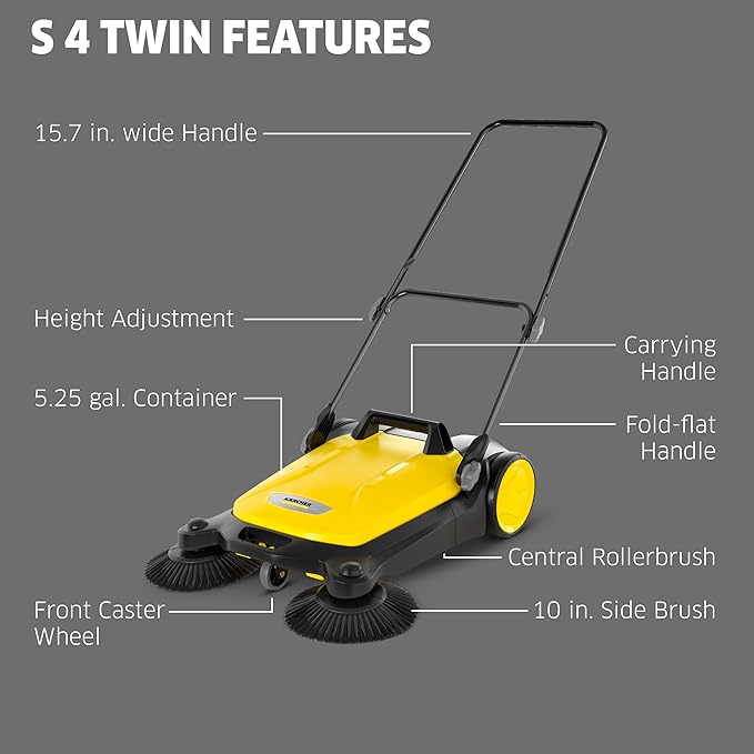 KÃ¤rcher Walk Behind Outdoor Push Sweeper S 4 Twin for Workshops, Warehouses or Garages - 5X Faster Than a Push Broom, 5.25 Gallon Capacity, 26.8" Sweeping Width