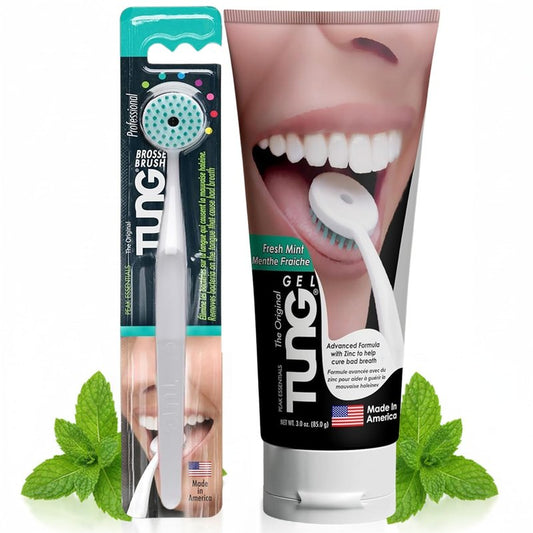 Tung Tongue Cleaning Kit, Tung Brush and Gel, Bad Breath Odor Eliminator, Halitosis Defense, USA Made (Set of 1)