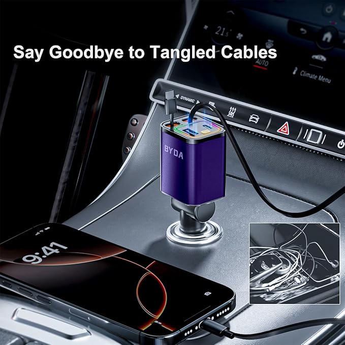 4 in 1 Retractable Car Charger,69W USB-C Fast Car Charger, for iPhone16/15/14/13/12,Cigarette Lighter Charger (Grey, for Apple+Type C &RGB Breathing Light [Purple])