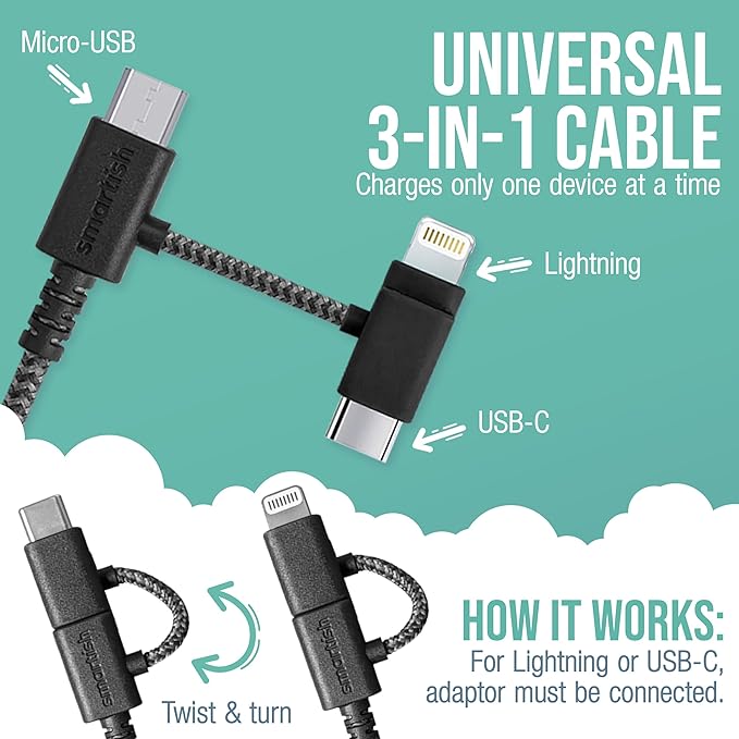 Smartish USB-C/Lightning Cable 17/16/16e/15/14 - Crown Joule - 6Foot Universal Fast Fabric Wrapped Charging Cable w/Micro-USB - MFi Certified 13/12/SE/iPad/AirPods/Android - Black