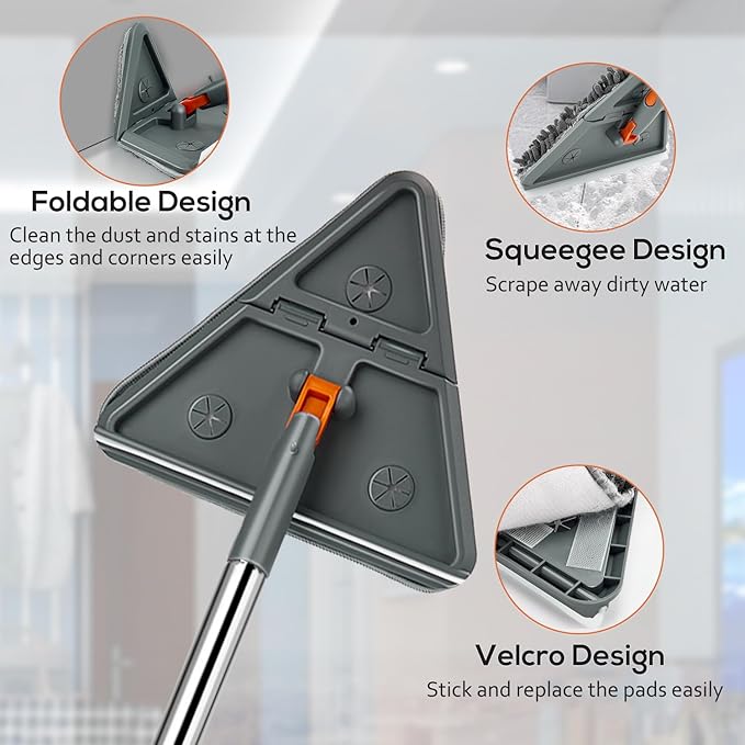 Base Board Cleaner Tool with Handle,360°Rotating Wall Cleaner Mop,180° Folding Ceiling Tool Duster with Squeegee for Cleaning Wall, Ceiling, Window,Floor,8 Replacement Cleaning Pads