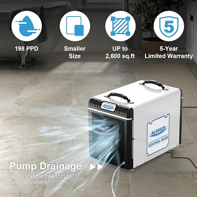 ALORAIR Basement/Crawlspace Dehumidifiers 198 PPD (Saturation), 90 Pints (AHAM), 6 Years Limited Warranty, Condensate Pump, Auto Defrosting, Rare Earth Alloy Tube Evaporator