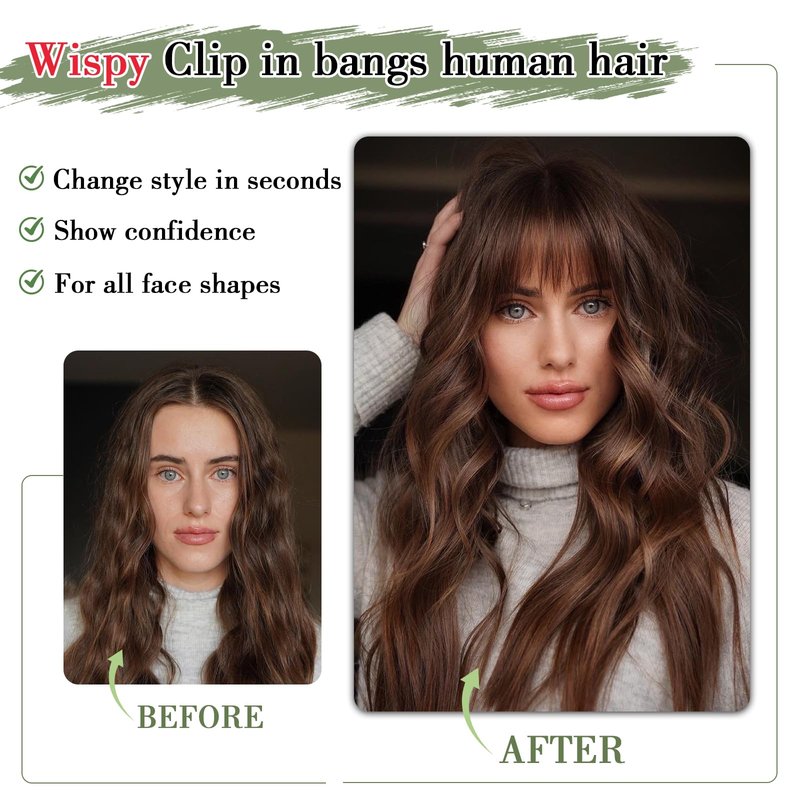 Carendia Bangs Hair Clip Human Hair Natural Black French Bangs for Women Fringe with Temples Hairpieces (Brown Black, 3D Bangs)