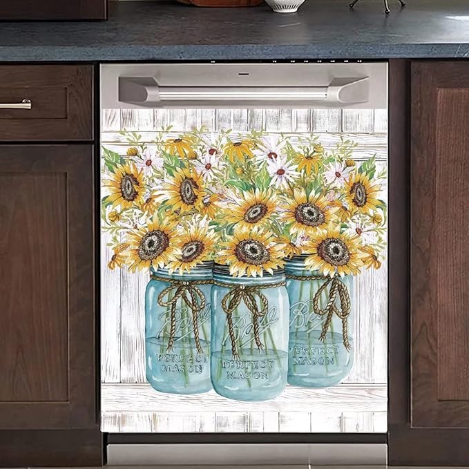 Farm Sunflower Dishwasher Cover Sticker, Vase Sunflowers Fridge Decal Panel, Farm Style Vinyl Home Appliance Cover, Ordinary 23"x26"INCH