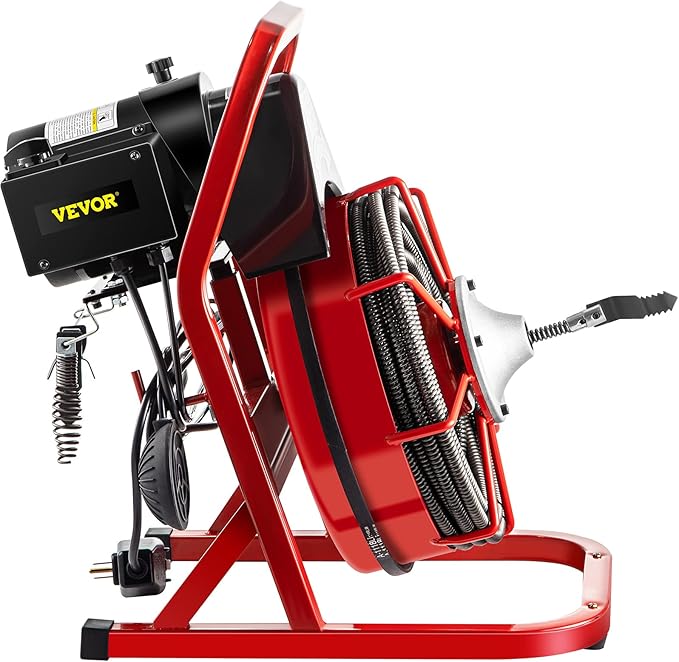 VEVOR Drain Cleaner Machine, 75 Ft x 3/8 Inch, Drain Cleaning Machine Fits 1 to 4 Inch Pipes, Portable Drain Auger Cleaner with 4 Auger Bits, Electric Drain Auger Plumbing Tool