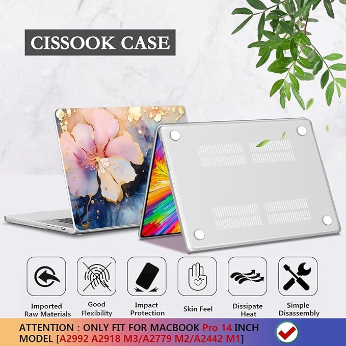 CISSOOK Plastic Hard Shell Compatible with MacBook Pro 14 inch Case 2026-2021 Release, M5 A3434 M4 A3112 A3185 A3401 M3 A2918 A2992 M2 A2779 M1 A2442 Pro/Max Chip, Marble Flower