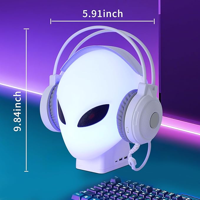 FancyMay RGB Headphone Stand with Music Rhythm Light, 8-Color LED Gaming Headset Holder with USB & Type-C Charging Ports, Voice-Activated Light for PC Desk Setup, Gamer Gifts for Men & Boys