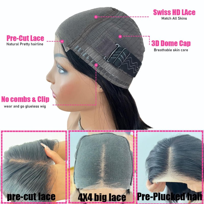 Nakkia 14 Inch Bob Wig Human Hair Pre Plucked Pre Cut HD Transparent Lace Front Wear and Go Glueless Wigs Human Hair for Black Women Short Straight 4x4 Closure Bob Wigs for Beginner