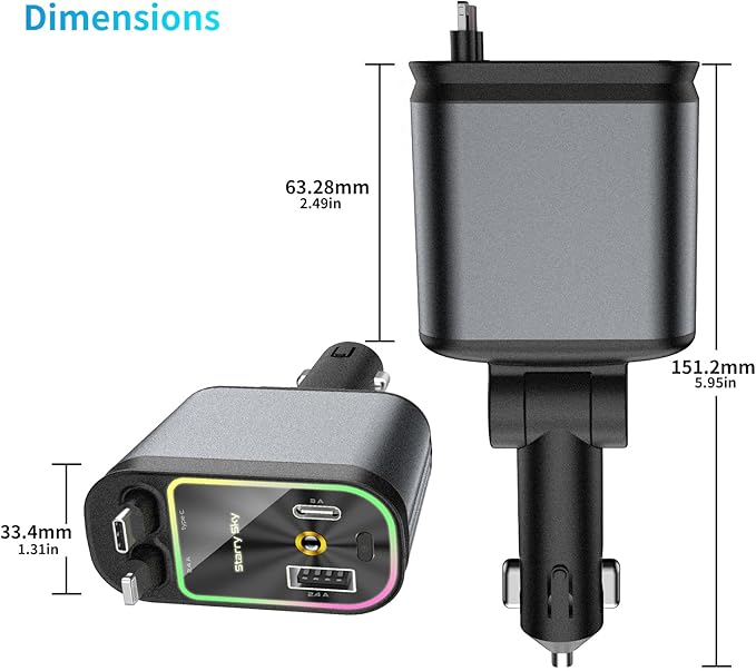 MLVOC 66W Retractable Car Charger with Starlight Projection, 4-in-1 Fast Charging Car Adapter with USB-C & Lightning Cables, Dual Ports, Adjustable Plug for iPhone, Android, Road Trips(Black)