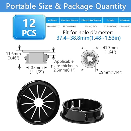 BOPOREAE 12 Pcs Cable Grommet, Snap Bushing 1-1/2" (38 mm) Mounting Diameter, Flexible Petal-Shaped Buckle Round Nylon Desk Grommet for Wires Through Countertop Cord Organizer and Protection, Black
