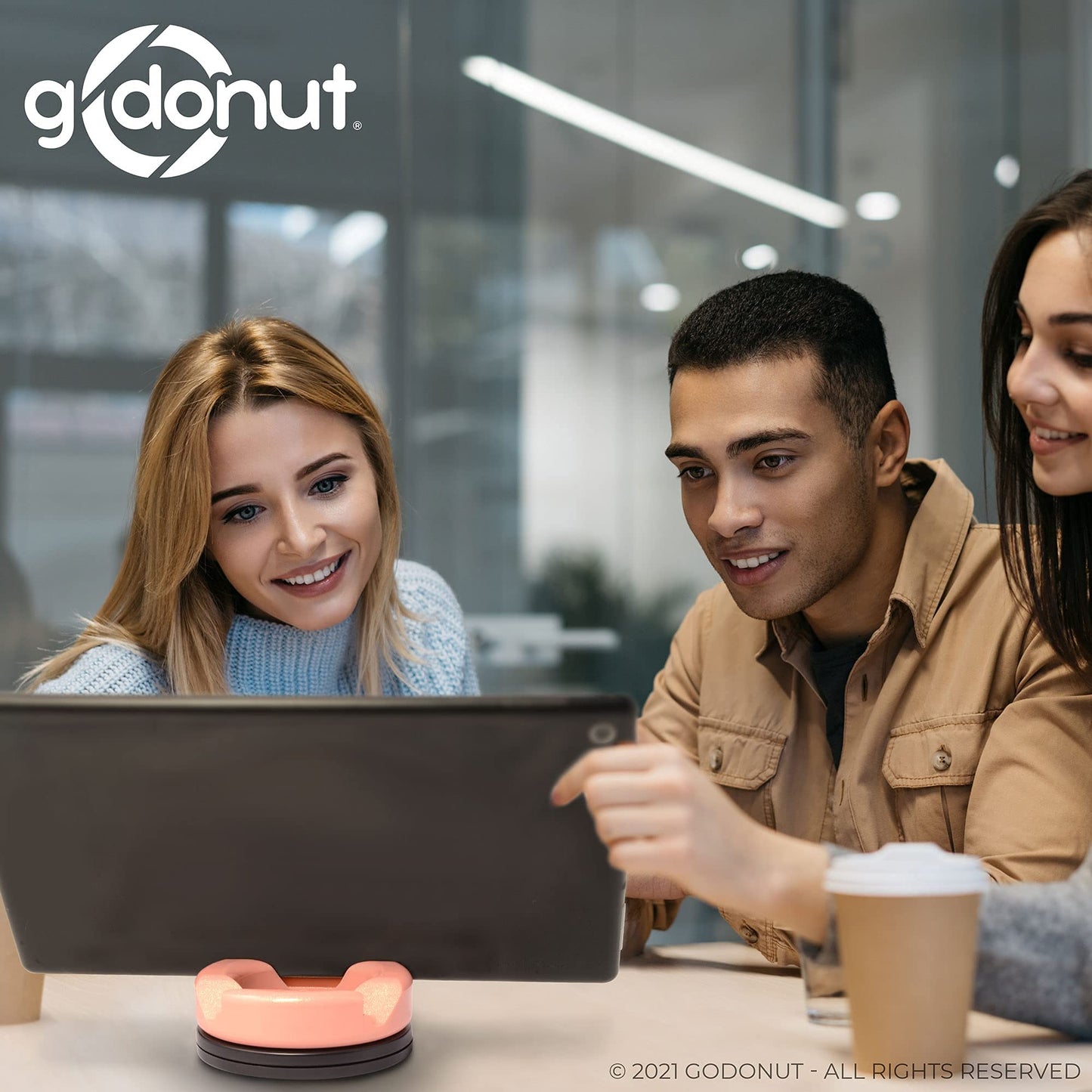 GoDonut 360 Swivel – Smartphone and Tablet Stand and Desk Organizer with 360 Degrees Device Rotation - Compact and Portable for Travel, Office and Home - Made in USA (Black)