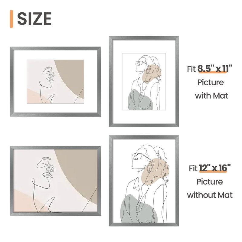 upsimples 12x16 Picture Frame, Display Pictures 8.5x11 with Mat or 12x16 Without Mat, Wall Hanging Photo Frame, Metallic Gray, 1 Pack