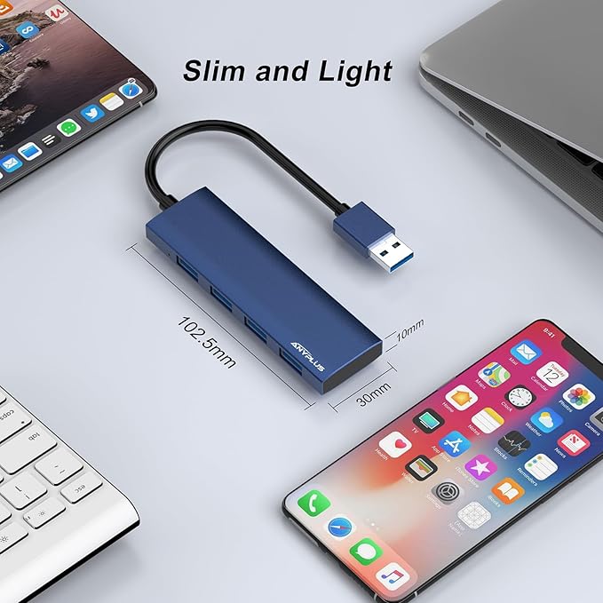 ANYPLUS USB Hub, USB 3.0 Hub Aluminum Alloy Ultra Slim USB Splitter, Portable 4 Port USB Extender, USB Hub for Laptop, PC, MacBook, iMac, Surface Pro, Mac Pro, Flash Drive, XPS 【Blue】