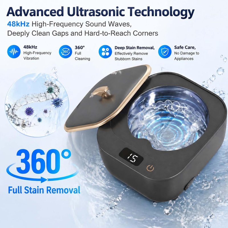 Ultrasonic Retainer Cleaner - 48kHz Dental Cleaner for Aligners, Mouth Guards & Jewelry | 250ml Pod, 3 Cleaning Modes
