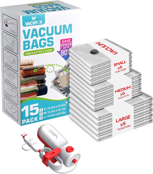 Skiennix Vacuum Bags for Travel - USB & Type C Pump Included | 15 Pack Carry-On Size Red Space Saver for Clothes