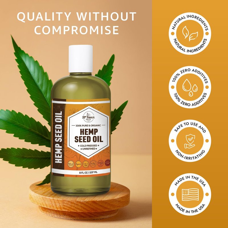 Organic Hemp Seed Oil (32 oz) Premium Cold Pressed Unrefined | 100% Pure Hemp Seed Oil for Skin, Face, Hair, Soap Making, Massage | Carrier for Essential Oils | Available in Bulk | 32 FL OZ