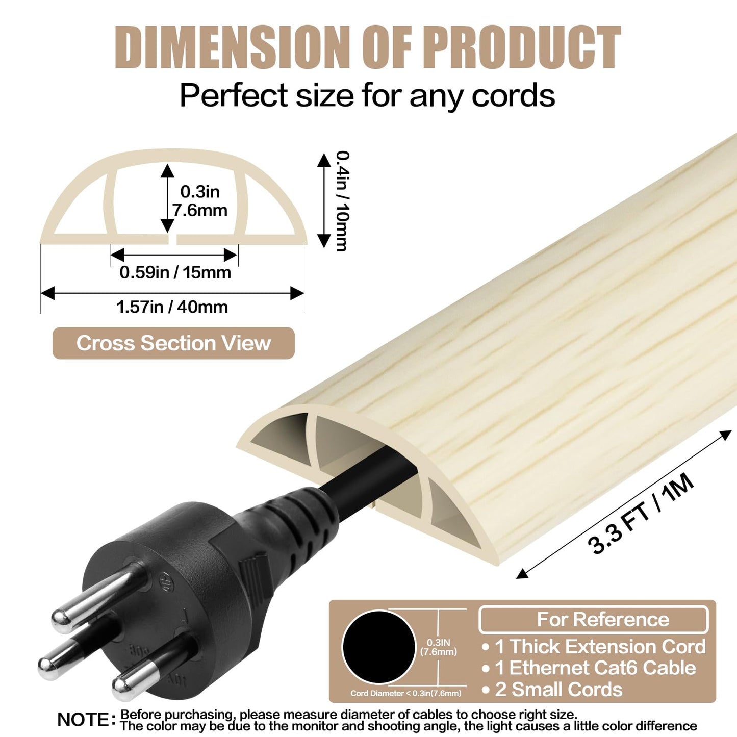 Floor Cord Cover Self Adhesive Cord Hider,3.3FT Cable Management, Extension Strip Protector for Wires, Prevent Cable Trips for Offices, Gyms, Exhibitions Cavity:0.51"(W) x 0.3"(H) Yellow Wood