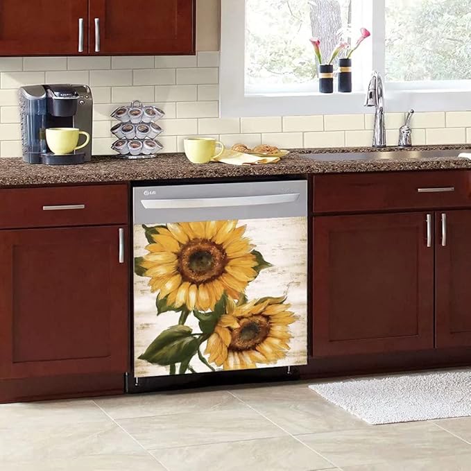 Retro Sunflower Kitchen Sticker Decor Dishwasher Cover, You are My Sunshine Dish Washer Door Panel Decal, Refrigerator Decal Decor, Ordinary 23"x17"INCH