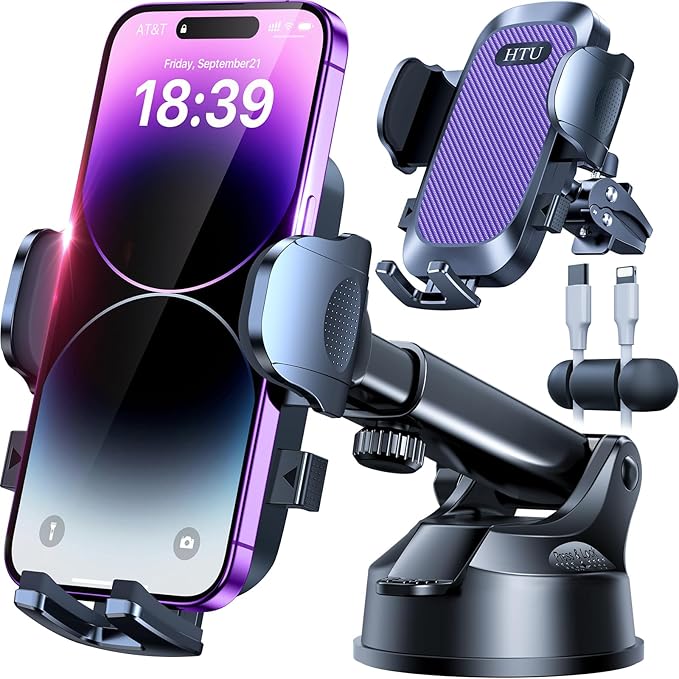 HTU Car Phone Holder【2026 Upgraded 100+LBS Suction & Safety Cert】 Cell Phone Car Mount for Truck Heavy Duty Phone Holder for Dashboard/Windshield/Vent for iPhone 17 16 Pro Max, Purple
