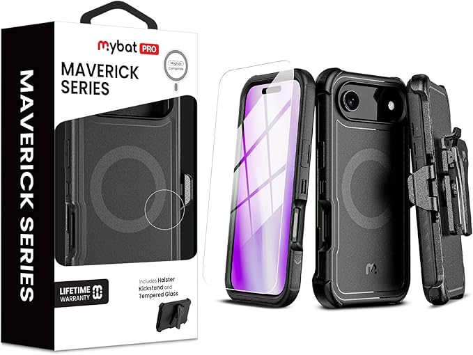M MYBAT PRO for iPhone Air Case with Belt Clip Holster,[Compatible with Magsafe] w/Screen Protector,Anti-Drop,Shockproof,w 360°Rotating Kickstand,Heavy Duty Protection (Blue) (Black)