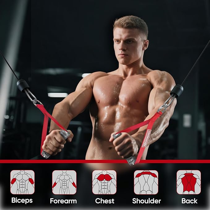 FitBeast Aluminum Alloy Exercise Handles & Lifting Straps Set - Gym Handles for Cables Machine with Thick D Buckle, Stable Grip, Ideal for Home Gyms, Fitness Centers, Strength Training for Men (Red)