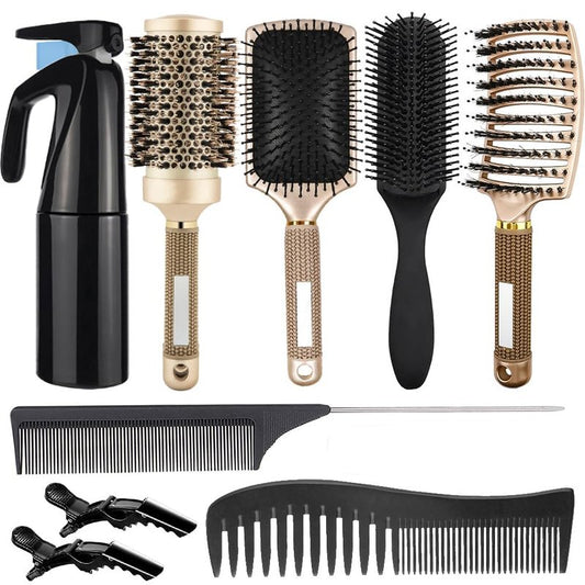Curly Hair Brush Set - 8Pcs Round & Paddle Brushes for Women | Detangling Wet Long Thick Hair & Spray Bottle (Golden)