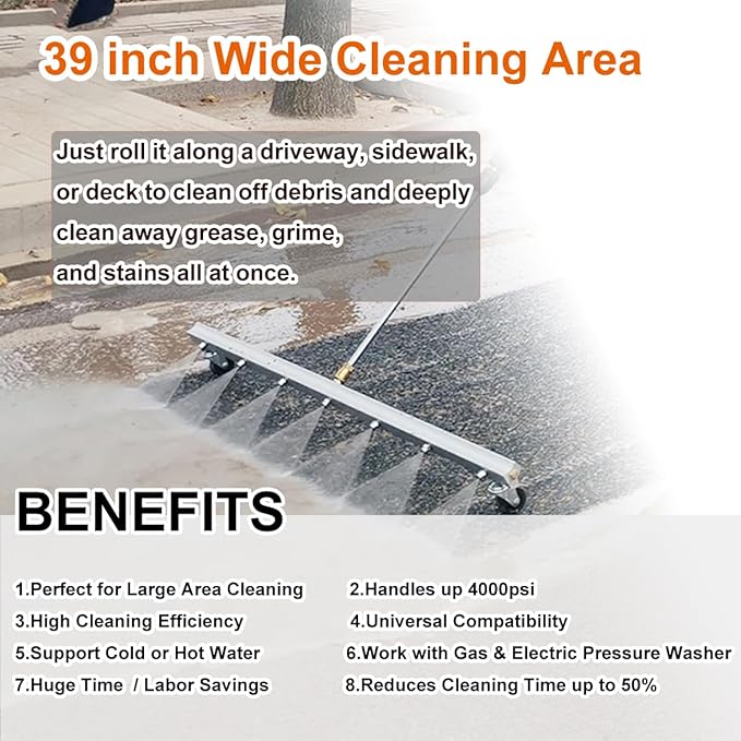 Water Broom Pressure Washer Surface Cleaner,39 inch Power Broom Sweeper with 50FT Washer Hoseï¼4000 Psi with 7 Nozzles 2 Extension Wand for Concrete Driveway Sidewalk Deck, Roof Floor Cleaning