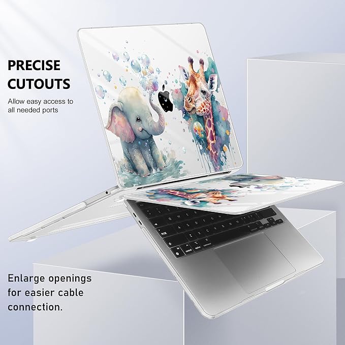 Lepeoac Case for MacBook Pro 13 inch Case M2 2022-2016 A2338 M1 A2251 A2289 A2159 A1989 A1708 A1706, Plastic Hard Shell + Keyboard Cover + Dust Plug - Elephant & Giraffe