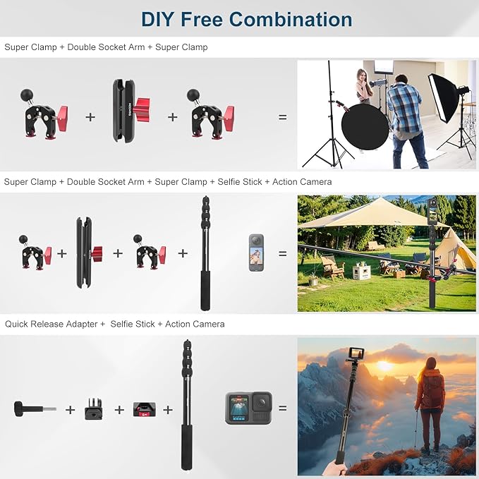 Mechrig Motorcycle Mount kit for Insta36O X5 X4, Bike Handlebar Clamp Mount and 59" Invisible Selfie Stick Bundle Kit, Heavy-Duty Super Clamp Camera Ebike ATV Mount for G02/3 /3S/Ace, GoPr0 13,JC017