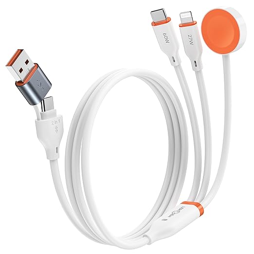 Apple Watch Charger,3-in-2 Nylon Braided Charging Cable Travel Fast Charger Cord with USB C/Lightning Ports –Tangle-Free for iWatch Ultra/SE/10-1, iPhone 17-12/PS5/Nintendo Switch-5FT