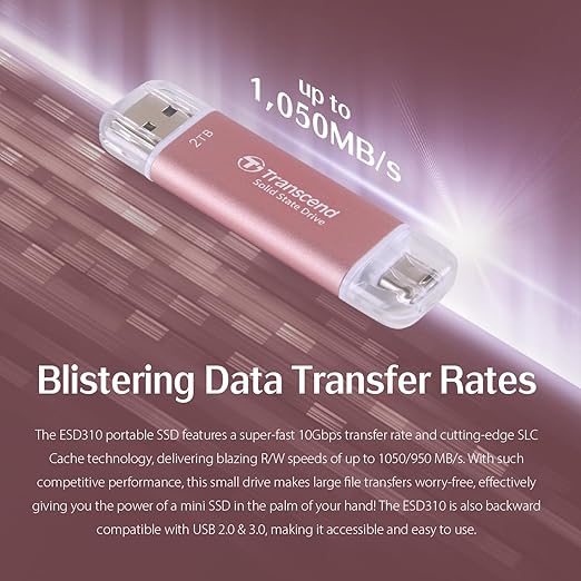 Transcend ESD310 512GB External SSD, Up to 1,050MB/s, Dual USB Flash Drive for iPhone/iPad/Mac/Windows, Android/Tablet/PC, USB3.2Gen2 Thumb Drive Photo Stick, 2-in-1 Type C&Type A Memory Stick - Pink