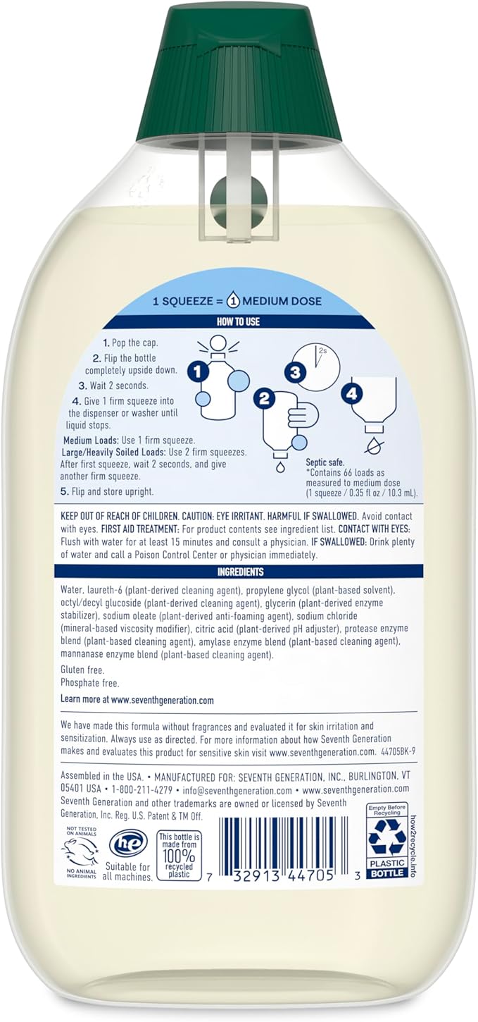 Seventh Generation EasyDose Laundry Detergent, Ultra Concentrated: 66 Loads, Free & Clear Designed for Sensitive Skin, 23.1 Fl Oz