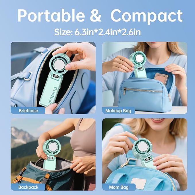 Coolhill Pro Handheld Portable Fan with Ice Cooler: 199-Speed 5500mAh Rechargeable Handheld Fan, 12H Time Hand Cooling Personal Fans with 20000 RPM Air Turbo Tech for Travel Outdoor (Green)