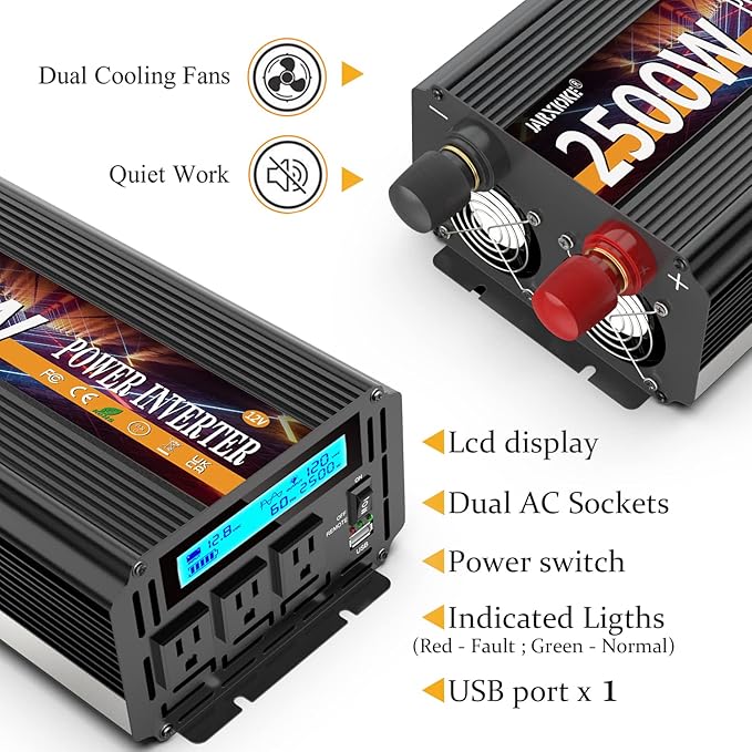JARXIOKE 2500W Power Inverter 12V DC to AC 110V/120V (Peak) 5000W Converter 3 sockets car Inverter with Remote Control and LED Display 3.4A USB Port