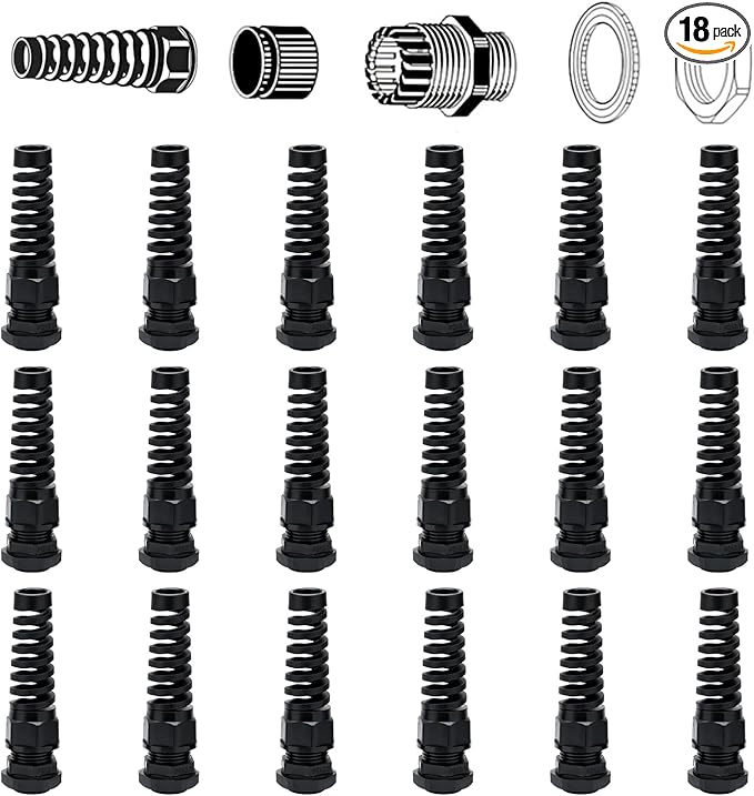 Aandxmok 18 Pcs Black Nylon Cable Gland,PG13.5(NPT 1/2) Thread, Made of PA66 Material,Suitable for Various, High Wear Resistance and Chemical Resistance,