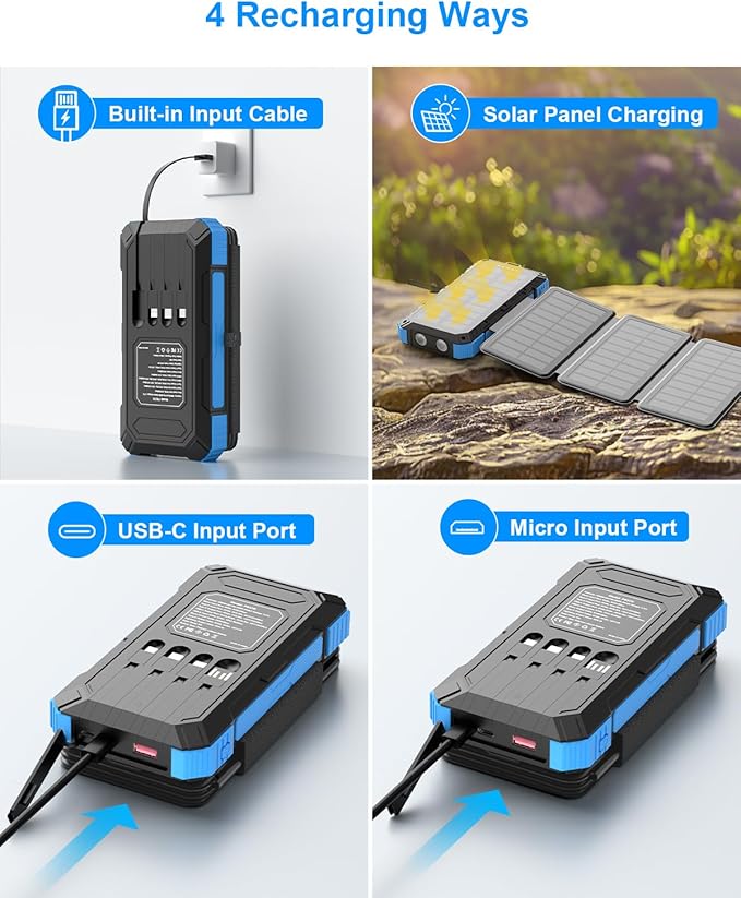 Kepswin Solar Charger Power Bank 49800mAh with 4 Built-in Cables & 3 Foldable Panels, PD22.5W Fast Portable Phone Charger, External Battery Pack with USB-C in/Output & Flashlight for Outdoor Camping