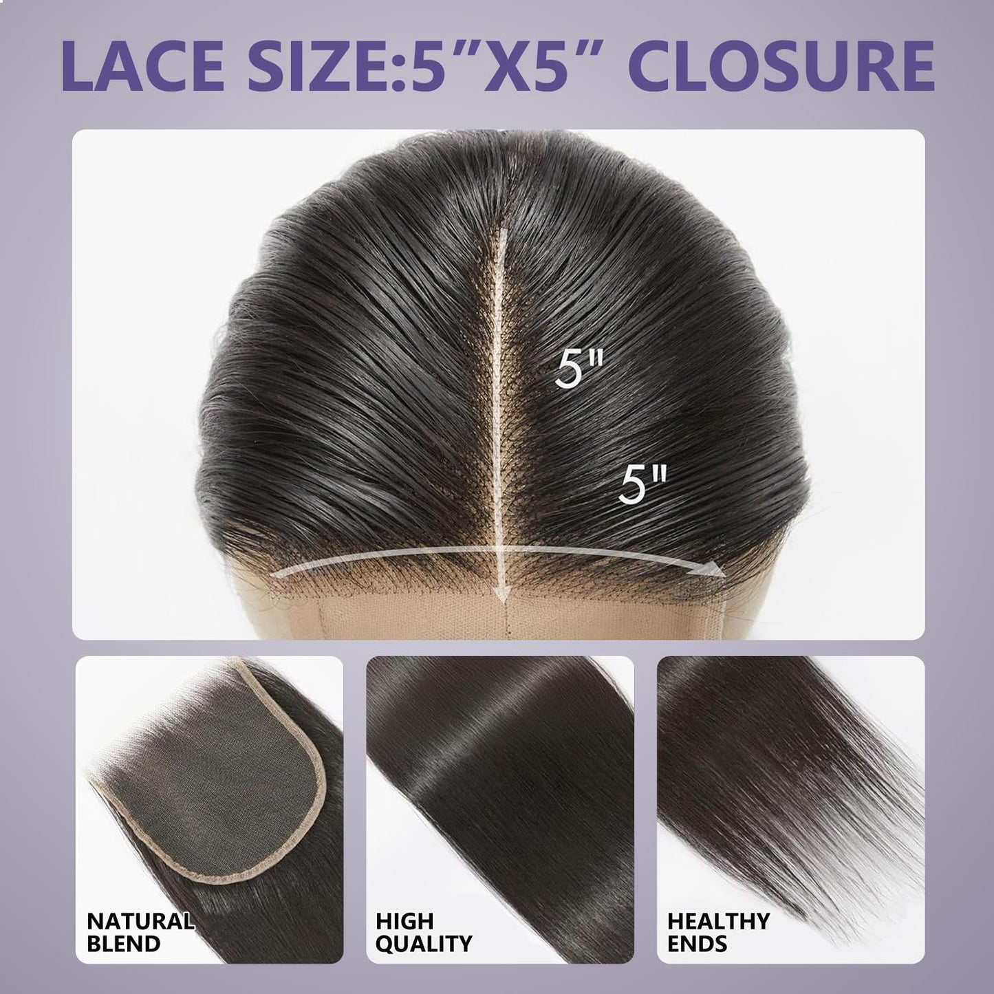 5x5 Transparent HD lace closure human hair Straight Invisible 150% Density 12A Real Transparent Lace Closure Virgin Human Hair Frontal Pre Plucked With Baby Hair Natural Black 20Inch