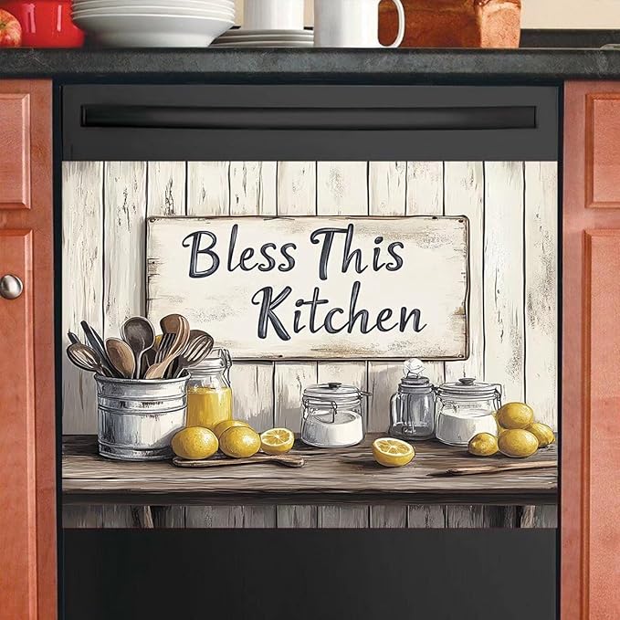 Vintage Spice Jar Tableware Dishwasher Magnet Cover Wooden Desktop Lemon Refrigerator Magnet Door Panels Home Kitchen Appliances Vinyl Stickers 23 W x 17 H