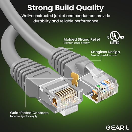 GEARit Cat 6 Patch Cables 3 ft Gray (5 Pack) Cat6 Patch Cables 3ft Gray/Ethernet Patch Cable, 10Gbps 550MHz 24AWG Pure Copper, Snagless, Gold Plated RJ45 for Router, Server, Router, PC